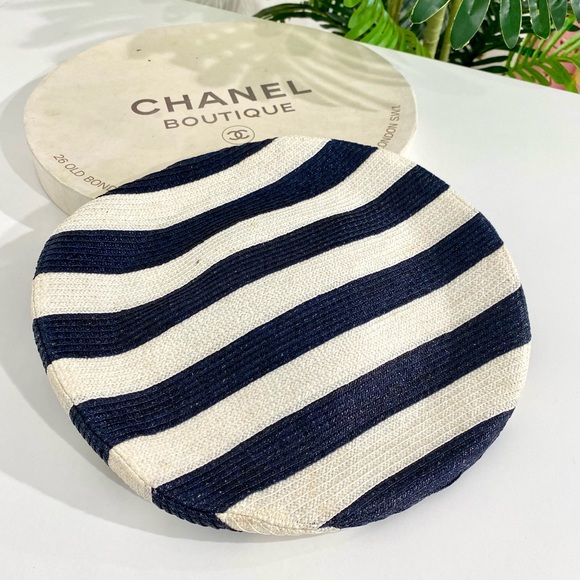 Authentic Vintage Chanel Navy and White Striped Saucer Hat w Box - Picture 7 of 11